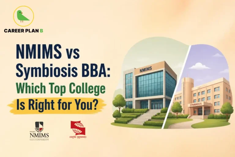 NMIMS vs Symbiosis BBA comparison with two campus illustrations and university logos