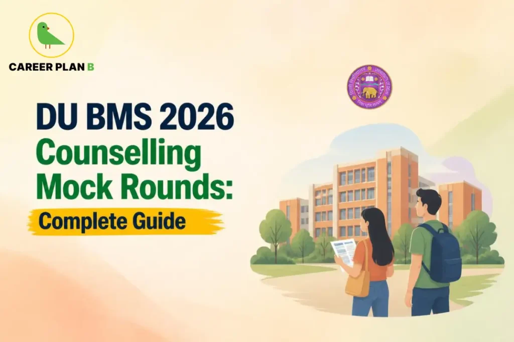DU BMS 2026 counselling mock rounds shown with two students outside a university campus