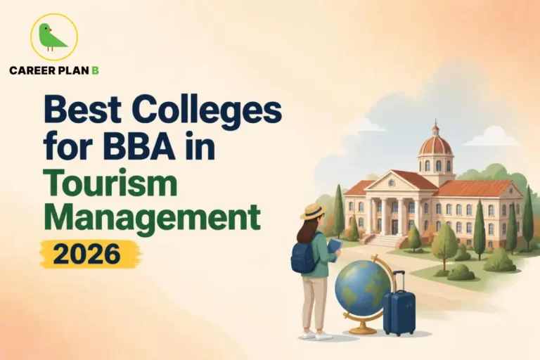 BBA tourism management college scene with a student, globe and travel suitcase
