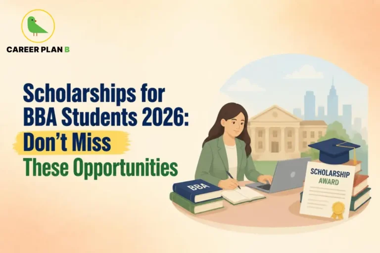 Scholarships for BBA Students 2026 shown with a student studying beside a scholarship award certificate.