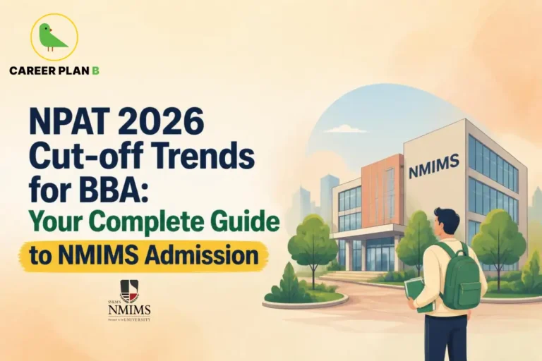 Student at an NMIMS campus with NPAT 2026 cut-off trends for BBA shown in the graphic