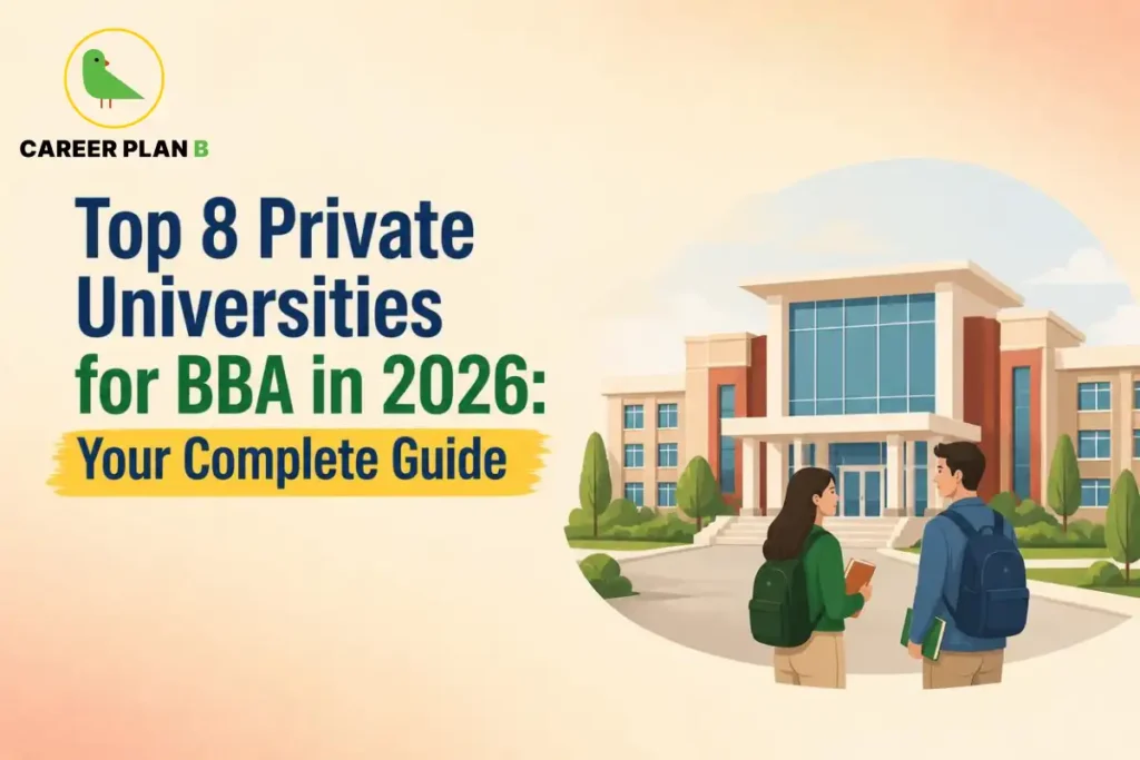 Students walking toward a modern private university building for BBA studies