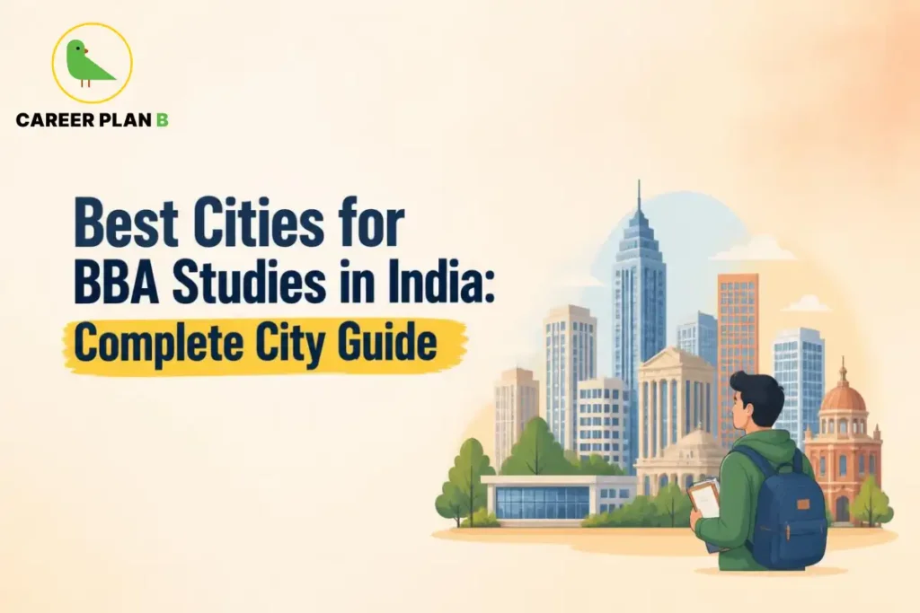 BBA student viewing a major Indian city with universities and business districts