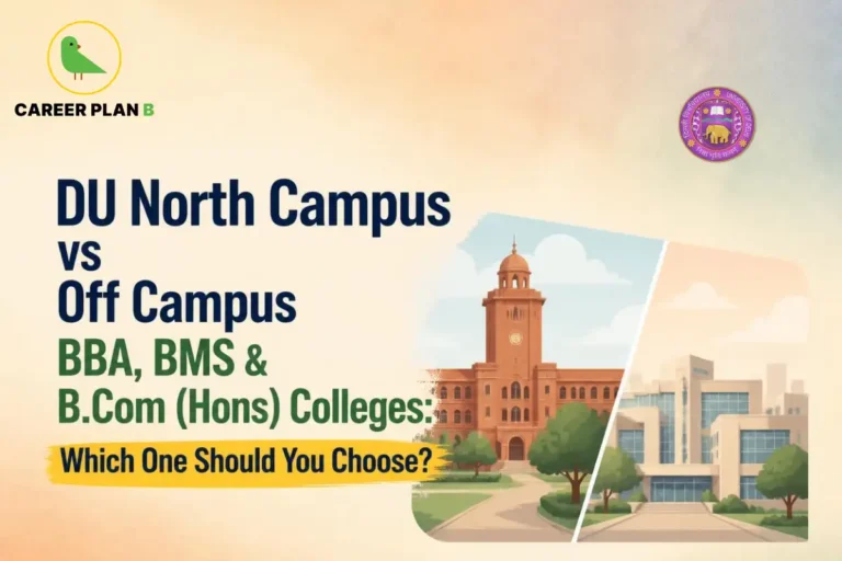 Illustration comparing Delhi University North Campus and off-campus colleges for business courses