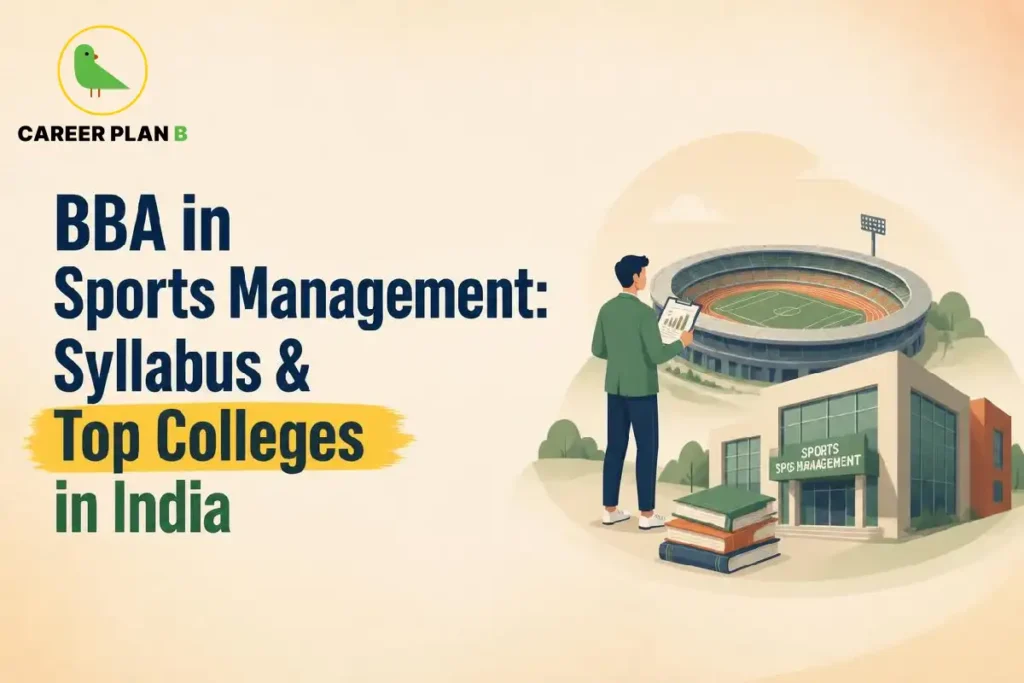 Student reviewing sports management coursework beside a stadium and BBA college