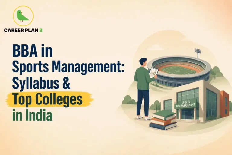 Student reviewing sports management coursework beside a stadium and BBA college