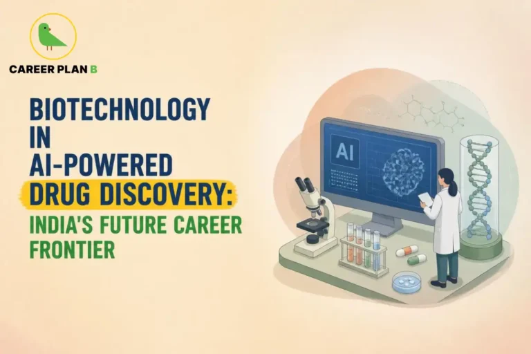 Biotechnology in AI-powered drug discovery, featuring artificial intelligence, molecular analysis, DNA research, laboratory testing, and emerging career opportunities in India