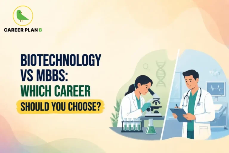 Biotechnology vs MBBS career comparison in India, showing laboratory research, medical practice, healthcare, biology, and different career paths