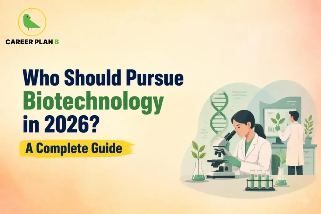 Who should pursue biotechnology in 2026, showing biotechnology research, laboratory experiments, DNA analysis, and career opportunities in India