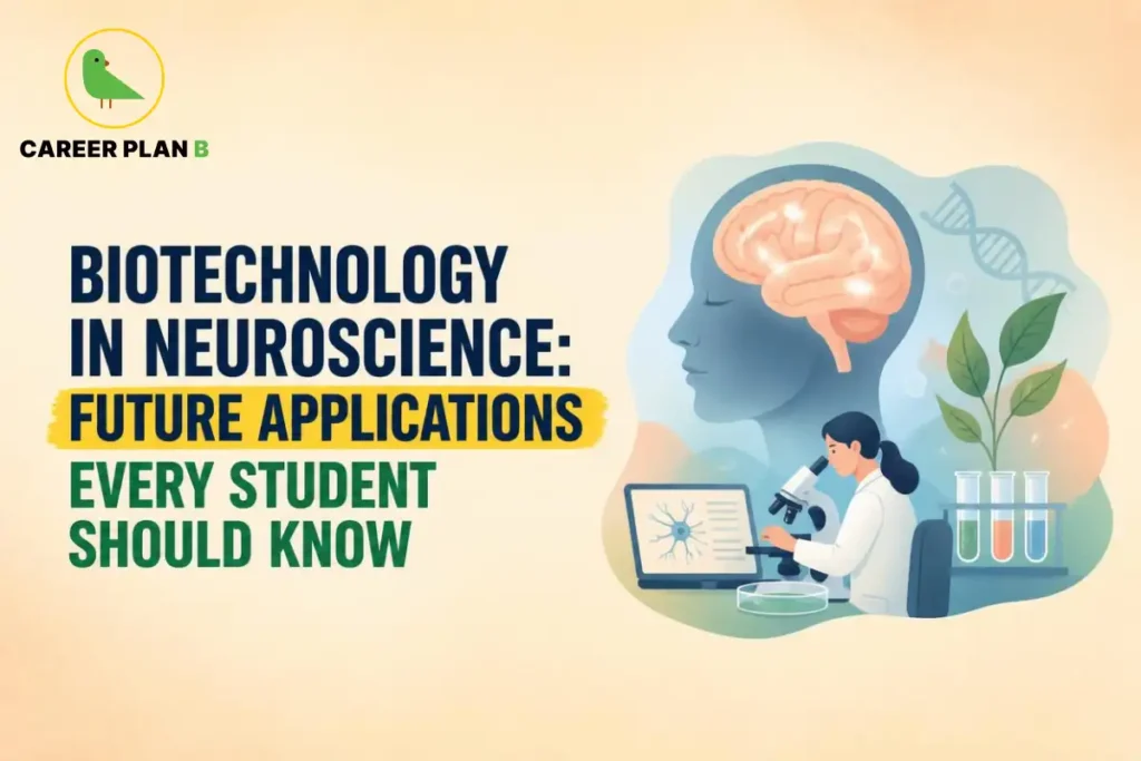 Biotechnology in neuroscience showing brain research, DNA analysis, laboratory experiments, neural science, and future applications for students