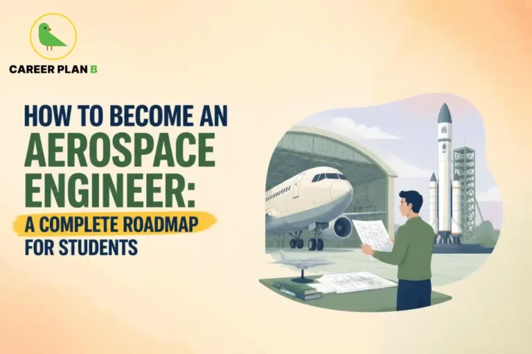 How to become an aerospace engineer, showing aircraft design, rockets, engineering plans, aviation technology, and a career roadmap for students