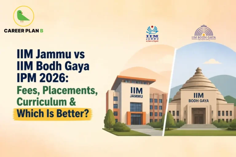 Split campus illustration comparing IIM Jammu and IIM Bodh Gaya for IPM 2026.