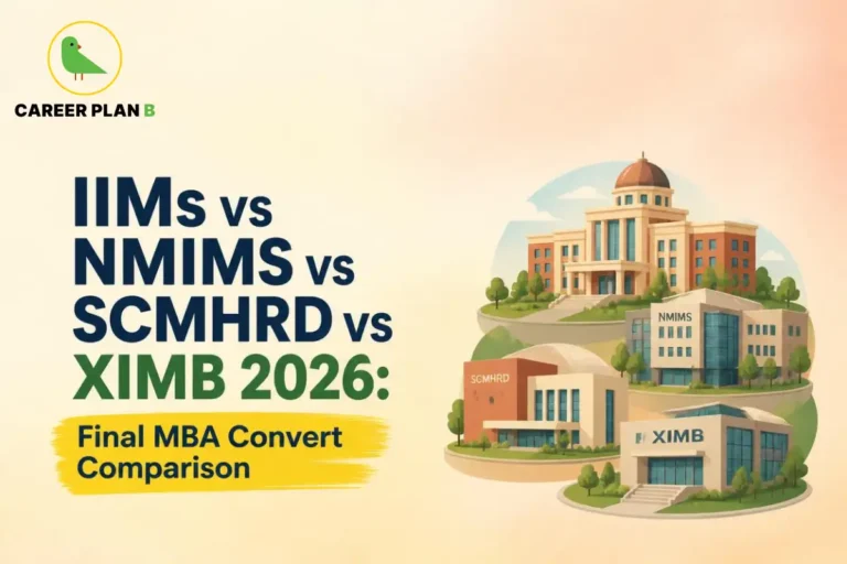 Four illustrated business school campuses presented for an MBA comparison.