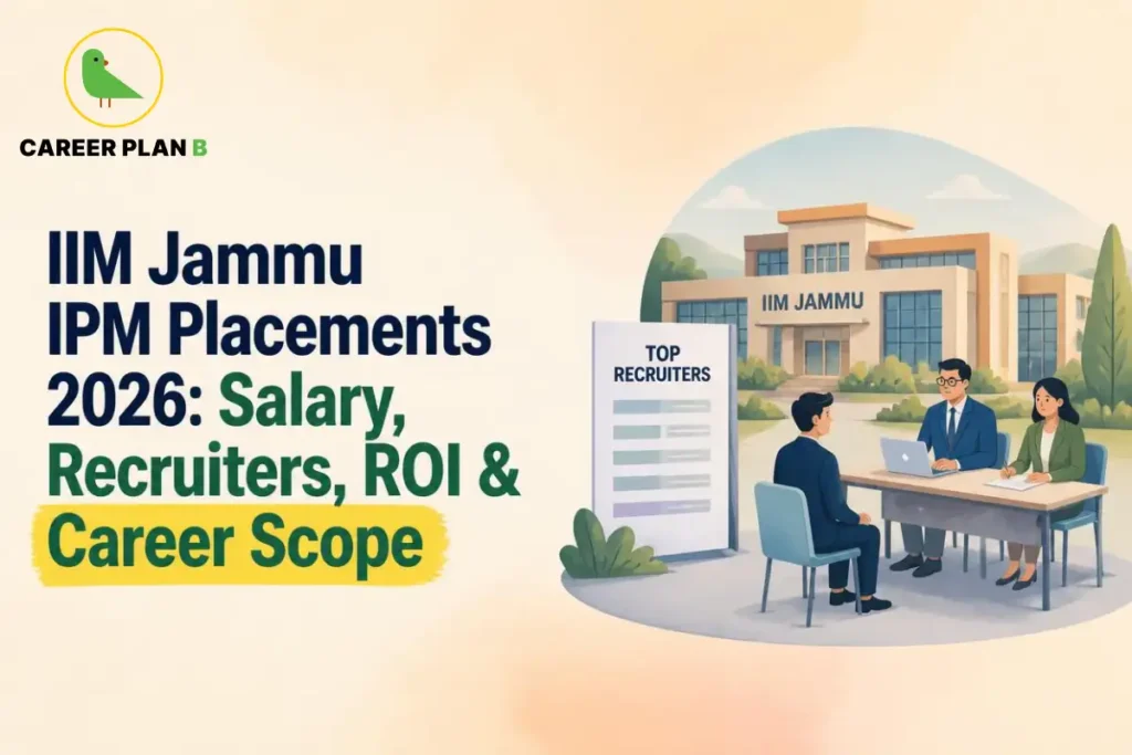 IIM Jammu placement scene with an interview panel and recruiter information board.