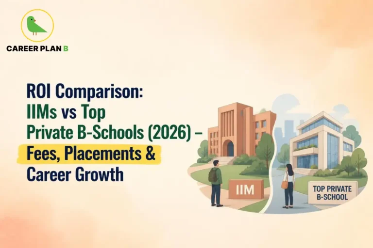 Split illustration comparing an IIM campus with a private business school for ROI.