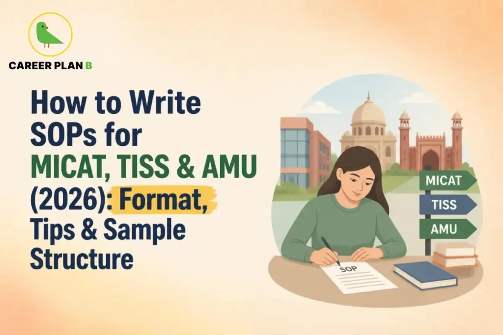 Student writing an SOP beside signposts for MICAT, TISS and AMU.