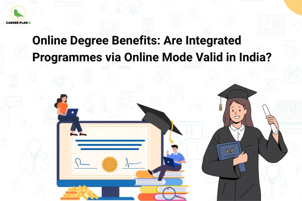 Online education illustration showing digital degree learning and graduate certification