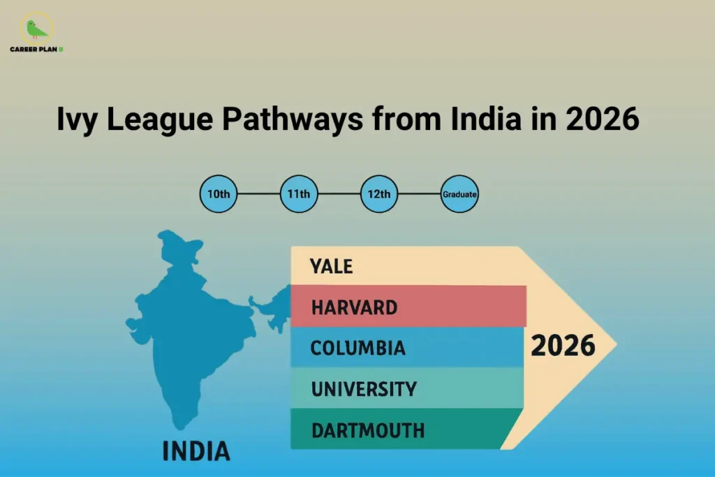 India-to-Ivy-League pathway showing Yale, Harvard, Columbia, and Dartmouth