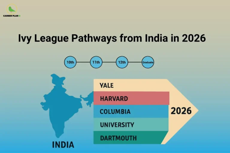 India-to-Ivy-League pathway showing Yale, Harvard, Columbia, and Dartmouth