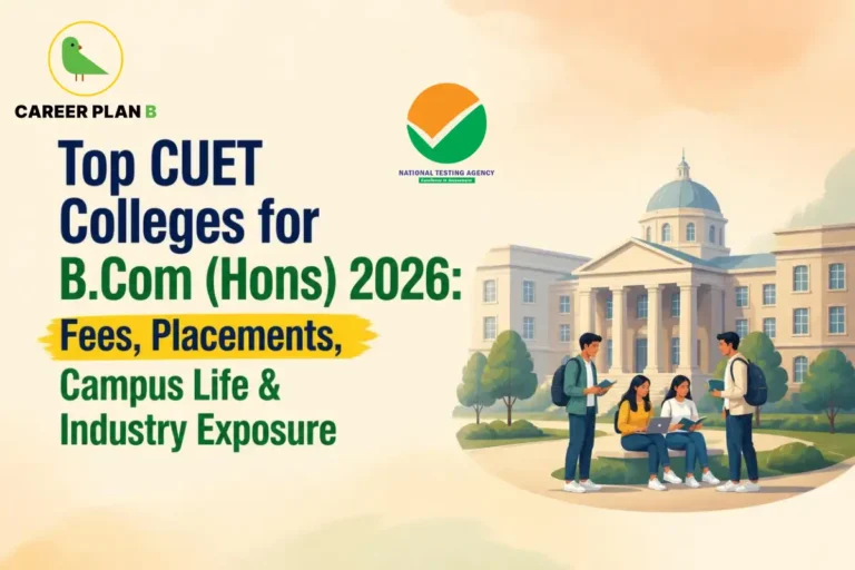 CUET colleges for B.Com (Hons) with students studying outside a university campus.