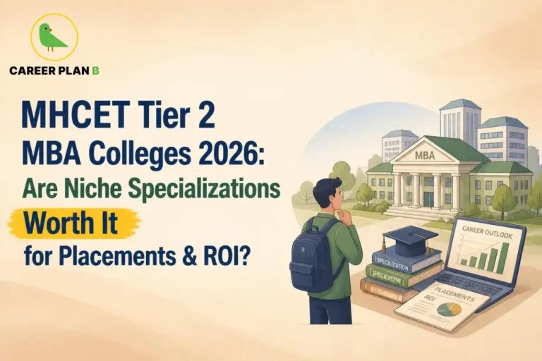 MHCET Tier 2 MBA Colleges 2026 shown with a student reviewing specializations, placements, and career prospects.