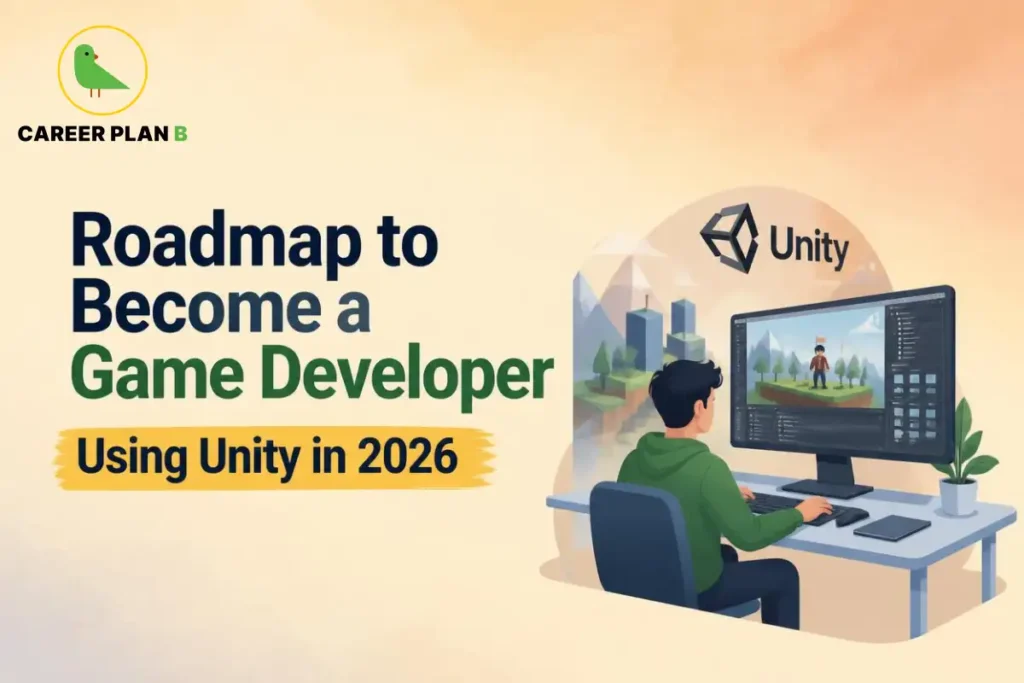 Unity game development roadmap showing a student creating a 3D game using Unity in 2026