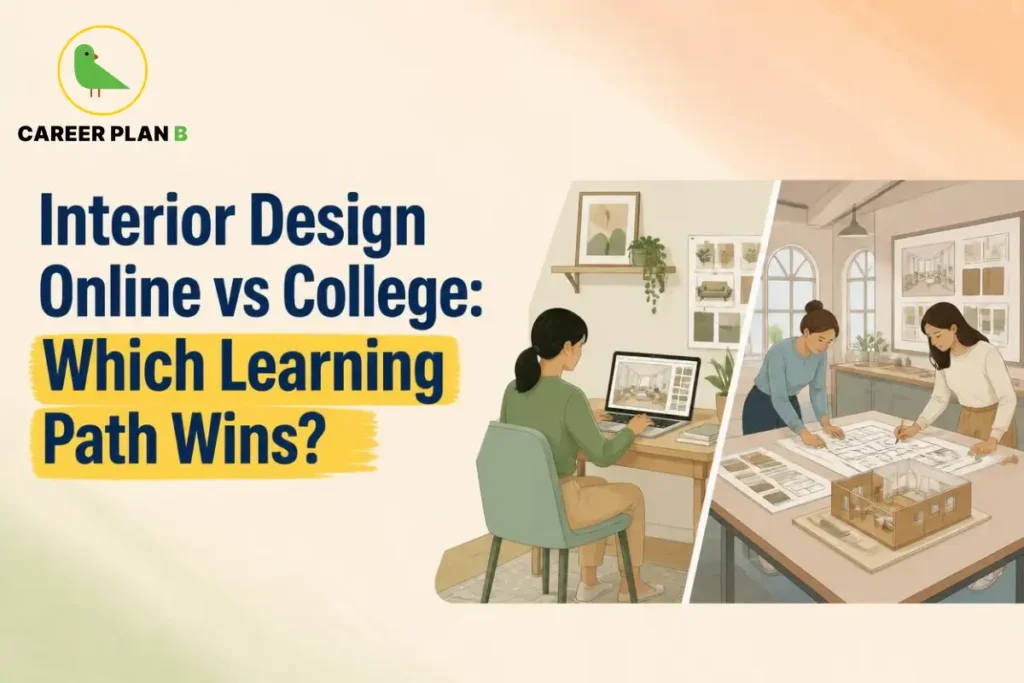 Interior design online vs college learning paths showing digital design practice, classroom learning, floor plans and model making