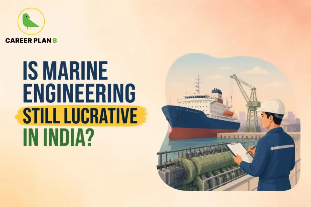 Marine engineering career in India showing a marine engineer inspecting ship machinery at a commercial port and shipyard