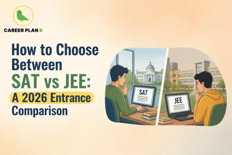 SAT vs JEE entrance exam comparison for 2026 showing students preparing for college admissions and evaluating different university pathways