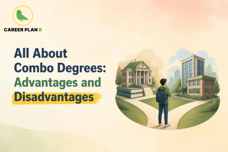 Combo degree programmes showing a student comparing two university pathways, academic institutions, curriculum options and career choices