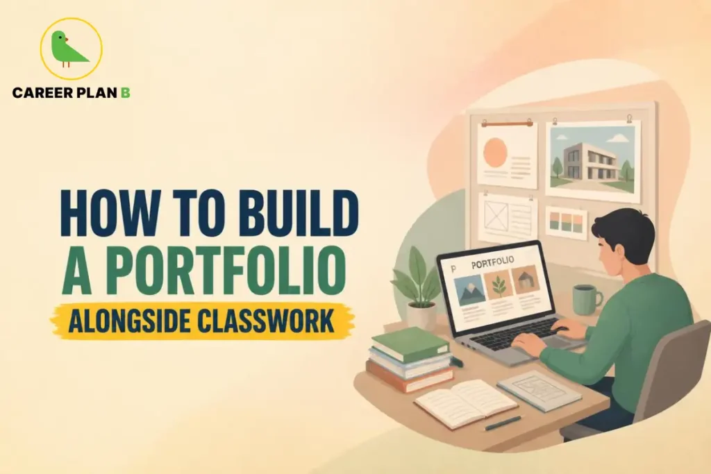 Student building a professional portfolio alongside college classwork using a laptop, academic notes, design projects and coursework