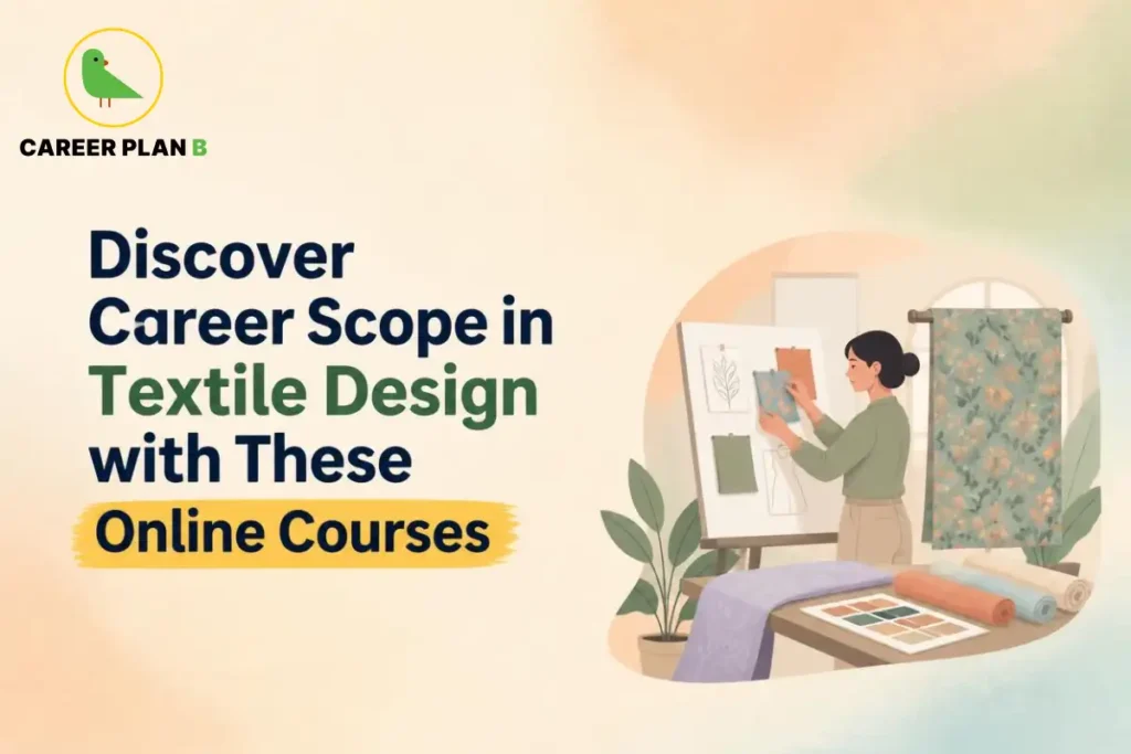 Student exploring textile design career opportunities through online courses, with fabric samples, colour palettes, textile patterns, sketches and design materials