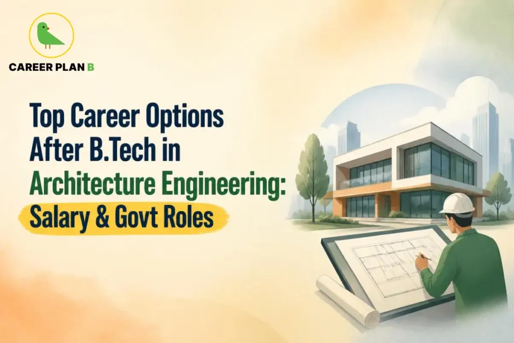 Architecture engineering graduate exploring career opportunities after B.Tech, with architectural drawings, building design, construction planning and professional engineering roles