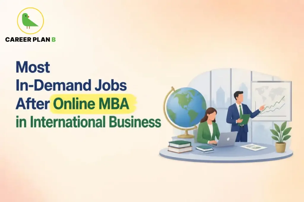 Professionals exploring in-demand career opportunities after an online MBA in International Business, with global business planning, market analysis and corporate management