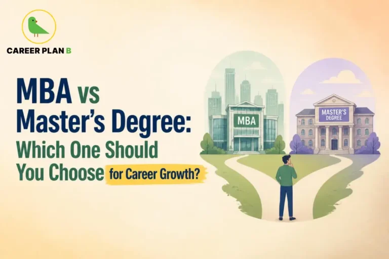 Student choosing between an MBA building and a university master’s program