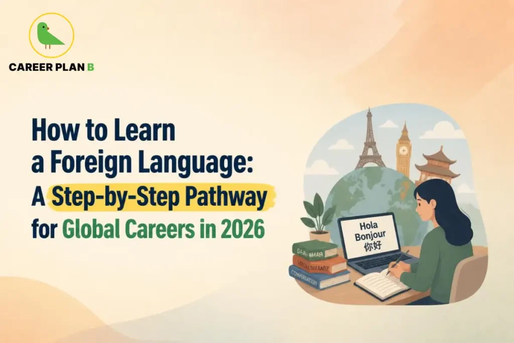 Student learning a foreign language through online study, language books, writing practice and multilingual resources while preparing for global career opportunities