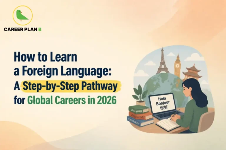 Student learning a foreign language through online study, language books, writing practice and multilingual resources while preparing for global career opportunities