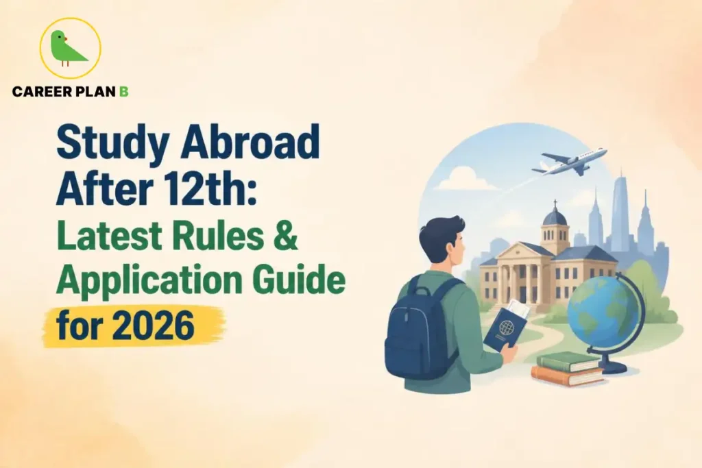 Student preparing to study abroad after 12th with a passport, backpack, university campus, international travel plans and information about overseas education applications