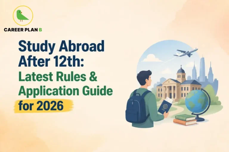 Student preparing to study abroad after 12th with a passport, backpack, university campus, international travel plans and information about overseas education applications
