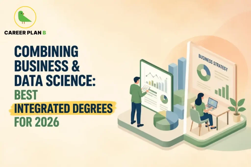 Business and data science integrated degree with students analysing business strategy, charts, data and analytics