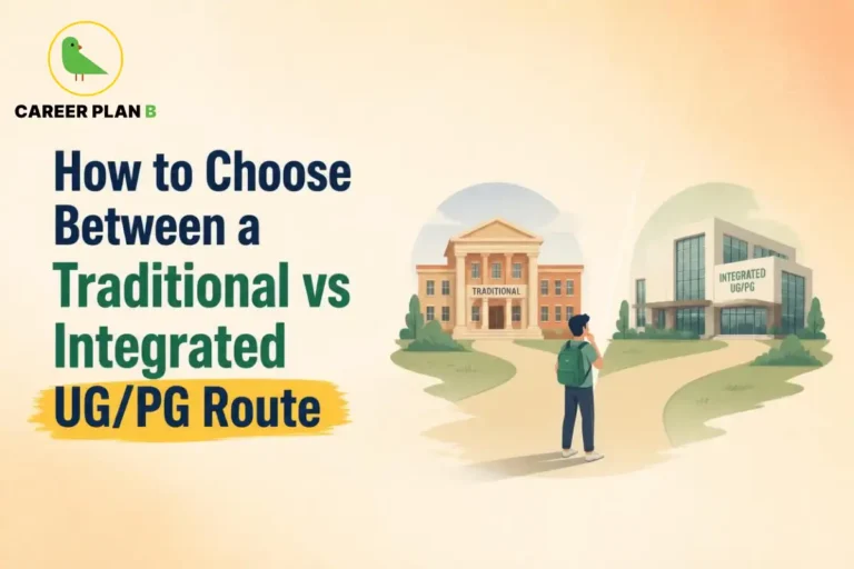 Traditional vs integrated UG PG route comparison showing two university pathways and student education choices