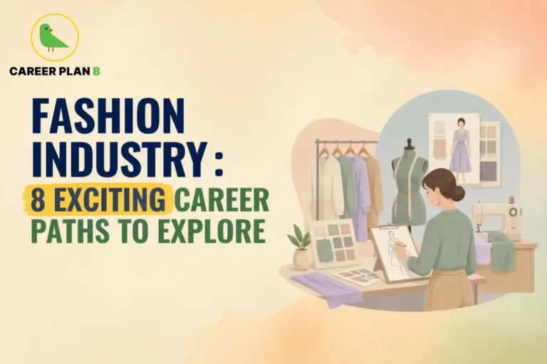 Fashion student sketching designs beside fabrics, clothing samples and a mannequin