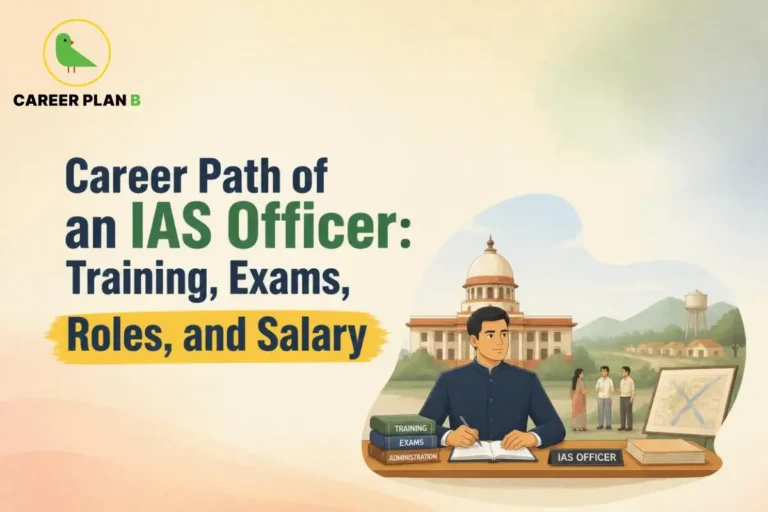 Civil services aspirant studying at a desk with an IAS officer illustration behind