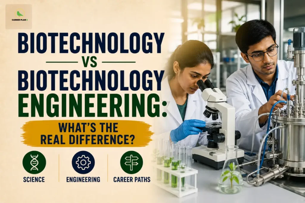 Biotechnology vs biotechnology engineering comparison showing science, engineering, laboratory work, technology, and career paths