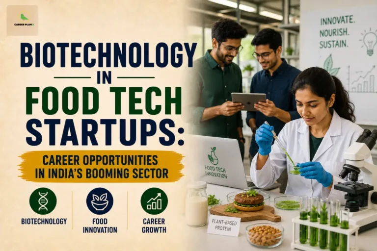 Biotechnology in food tech startups, showing laboratory research, food innovation, plant-based products, and career opportunities in India
