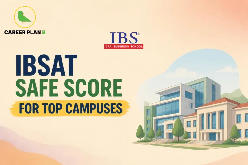 IBSAT safe score graphic showing business school options and campus illustrations.