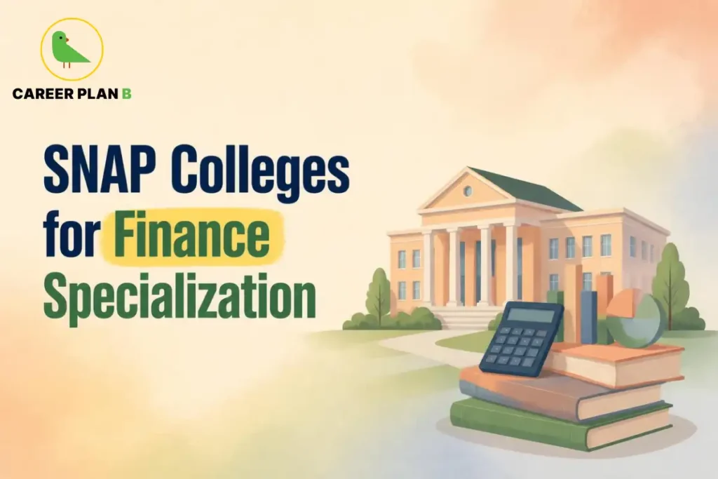 SNAP colleges for finance specialization shown with a business school and financial analysis tools.