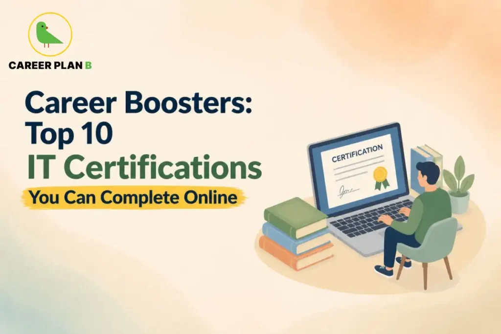 Student completing an online IT certification course on a laptop