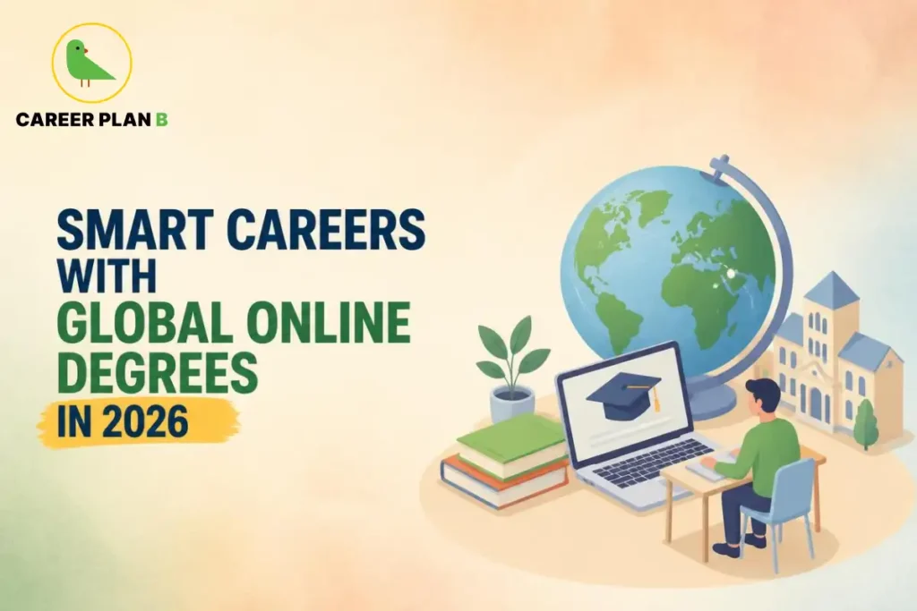 Student studying an online degree with a globe, laptop and university background