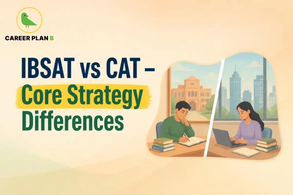 IBSAT vs CAT exam preparation showing students using books and laptops for competitive exam study.
